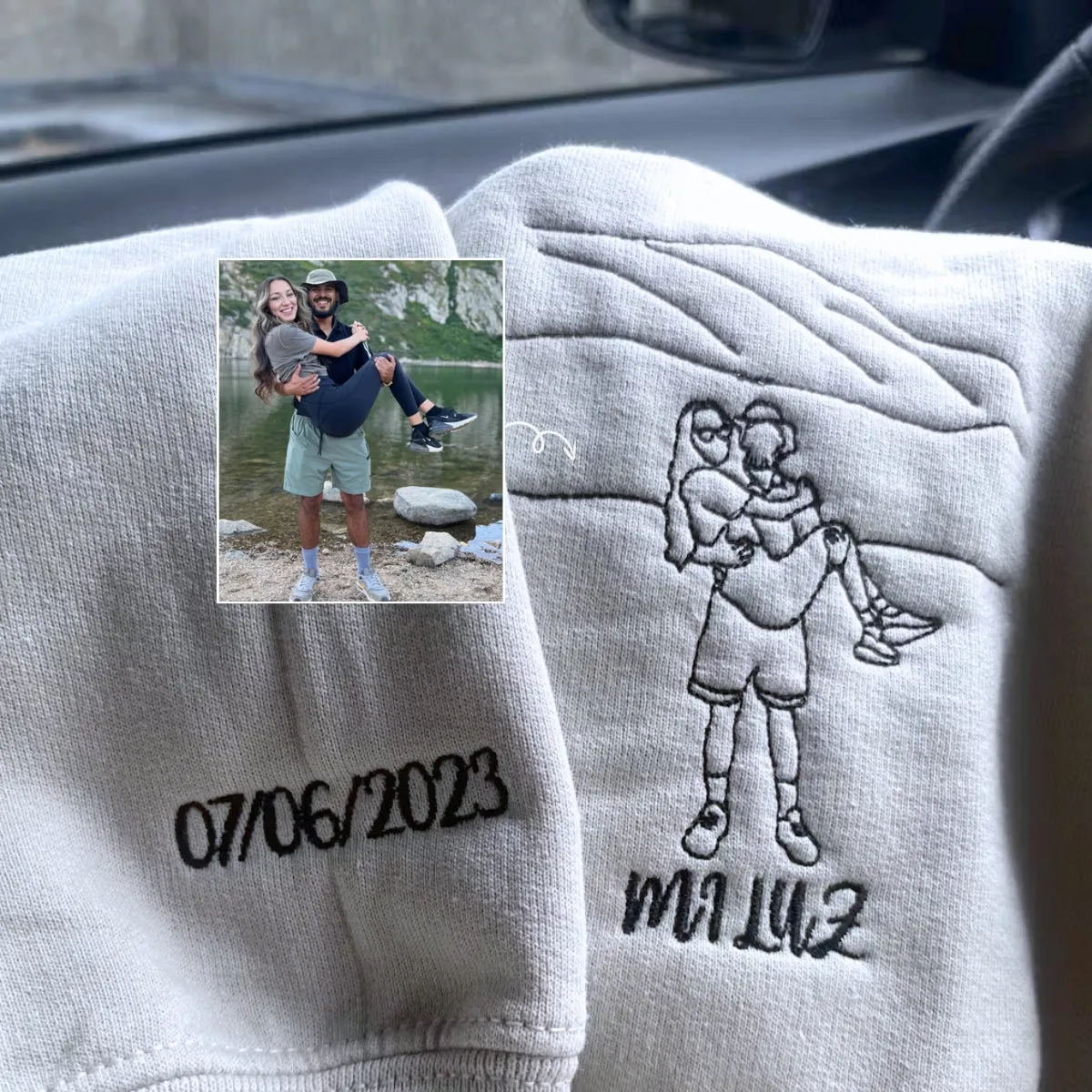 Personalized Unique Wedding Shower Gifts for Couples Sweatshirt with Embroidery Photo Date Text on Sleeve