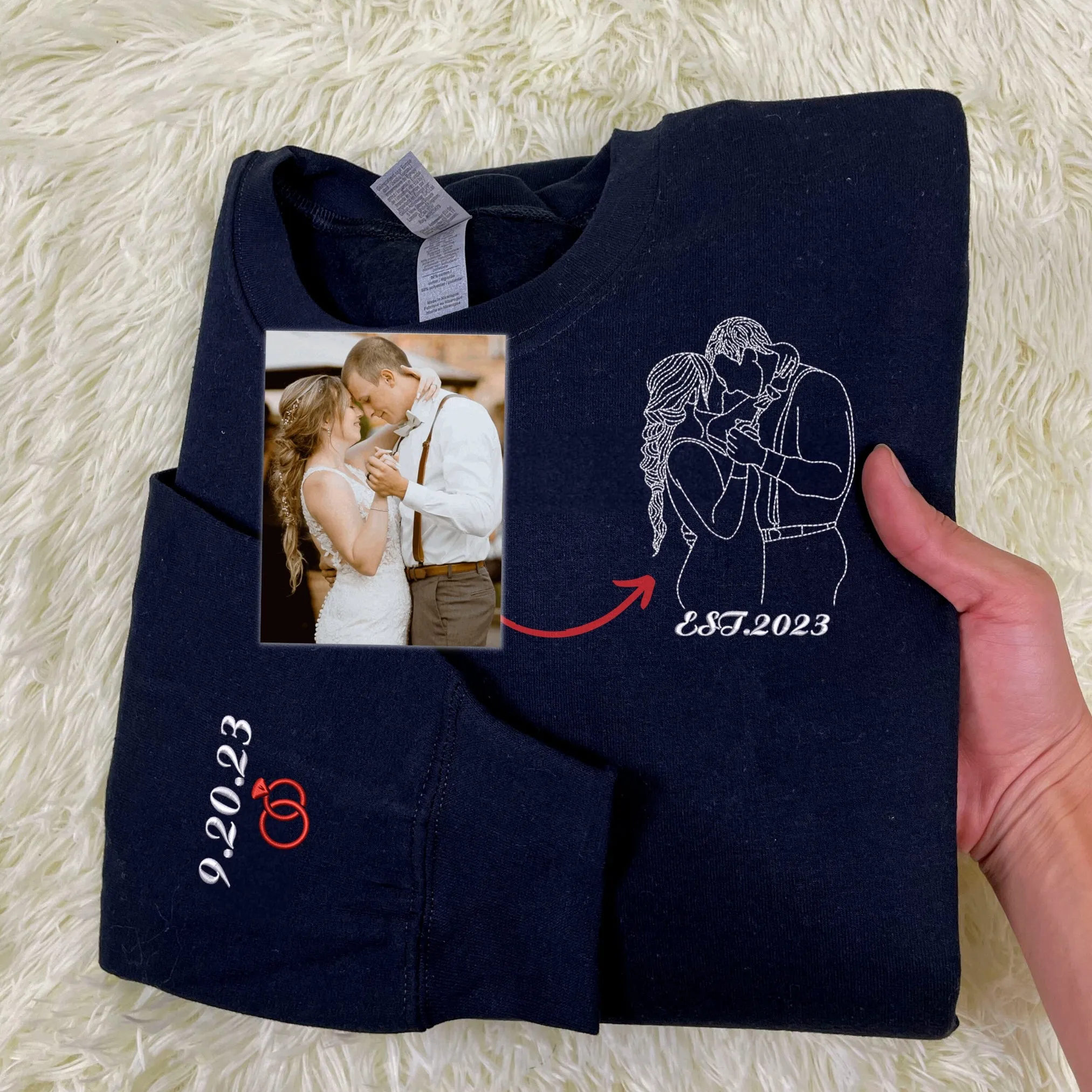 Personalized Unique Wedding Shower Gifts for Couples Sweatshirt with Embroidery Photo Date Text on Sleeve