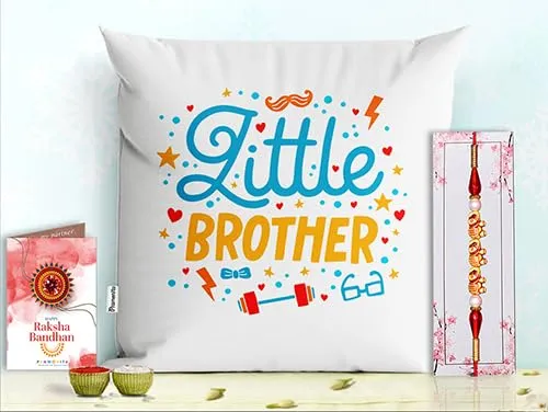 Pillow Rakhi for Brother with Gift - Rakhi with Rakhi Cushion with Filler Greeting Card- Rakhi for Brother, Gifts for Brother, Gifts for Rakhi, Gifts for Rakshabandhan Rakhi Gifts-PE-CU-19