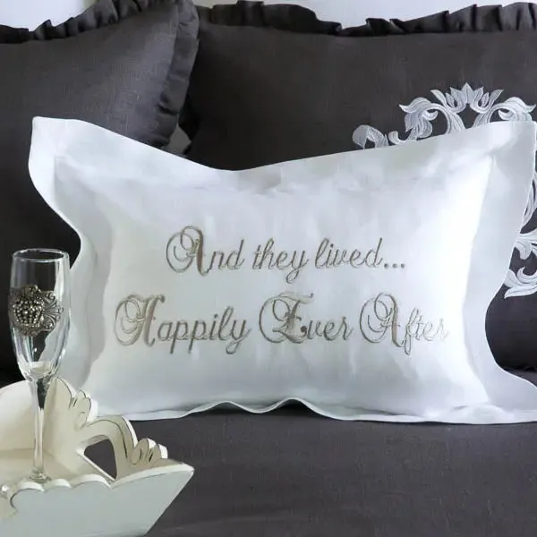 "They Lived Happily Ever After"  Embroidered Wedding Linen Throw Pillow