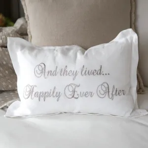 "They Lived Happily Ever After"  Embroidered Wedding Linen Throw Pillow