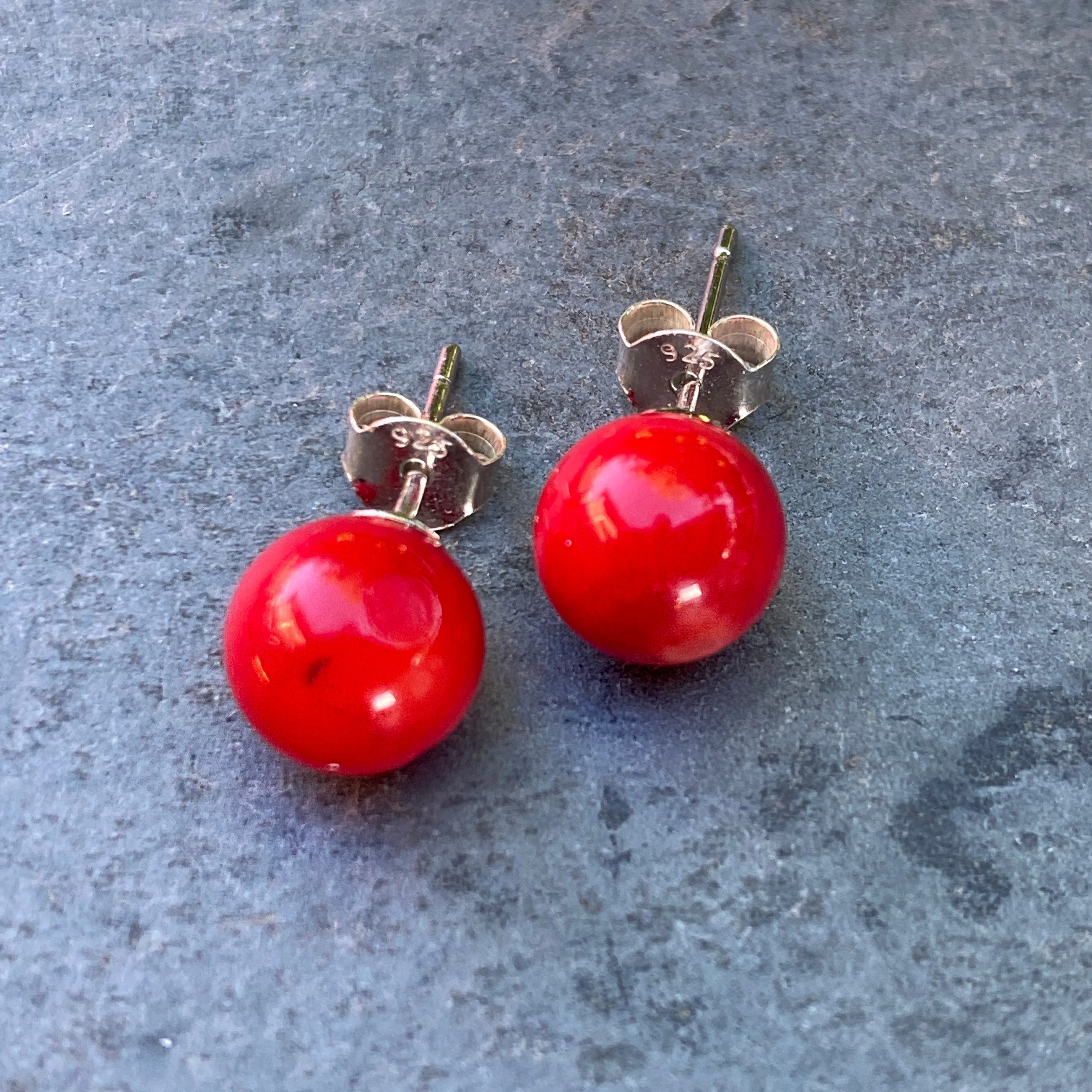 Red coral gemstone stud earrings