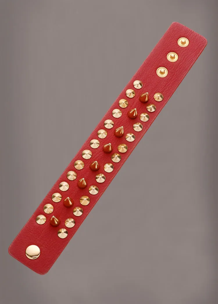 Red Spike Studded Leather Bracelet