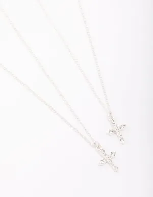 Silver Classic Diamante Cross Necklace Pack