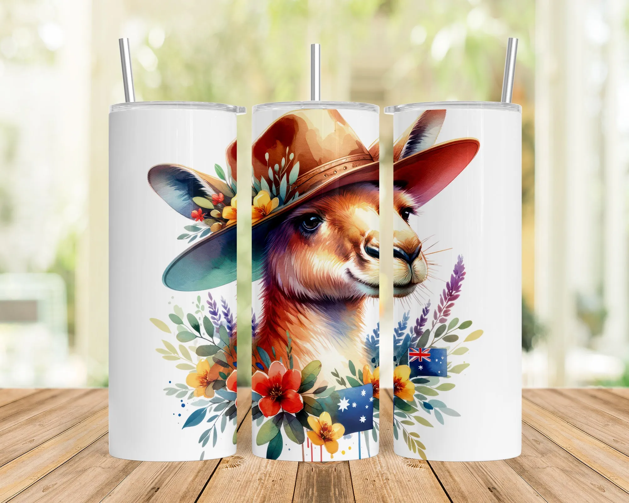 Skinny Tumbler with Straw, 20oz, Australian Animal, Kangaroo, awd-1315