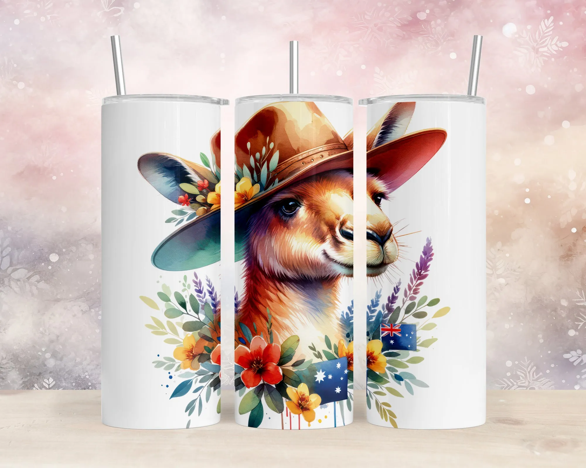 Skinny Tumbler with Straw, 20oz, Australian Animal, Kangaroo, awd-1315