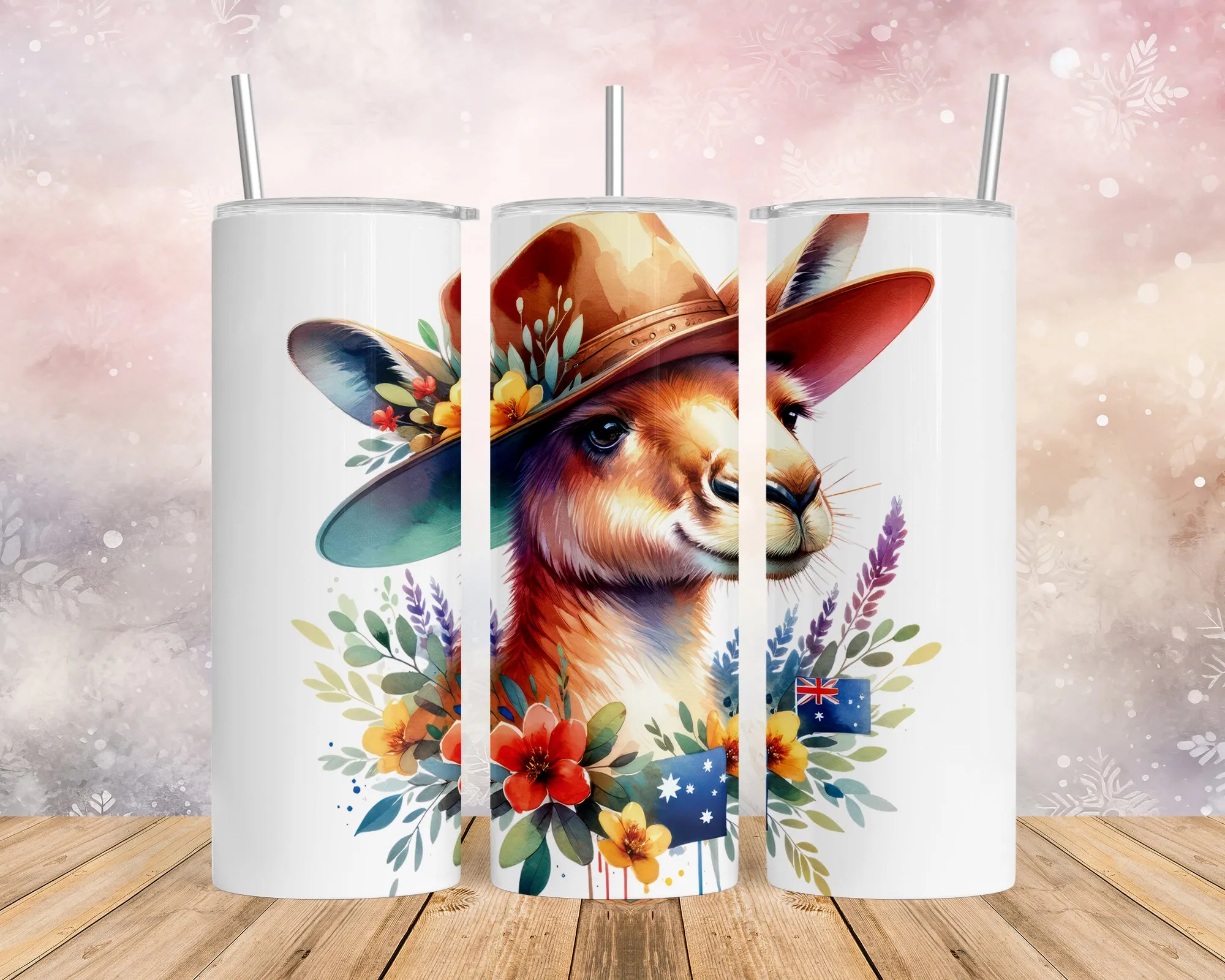 Skinny Tumbler with Straw, 20oz, Australian Animal, Kangaroo, awd-1315