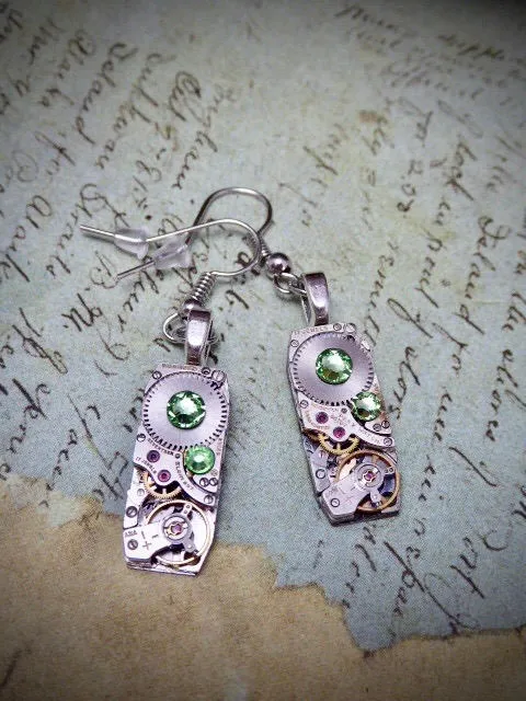 Steampunk Earrings - Watch movement jewelry - Peridot - Recycled - unique - one of a kind