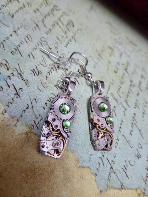 Steampunk Earrings - Watch movement jewelry - Peridot - Recycled - unique - one of a kind