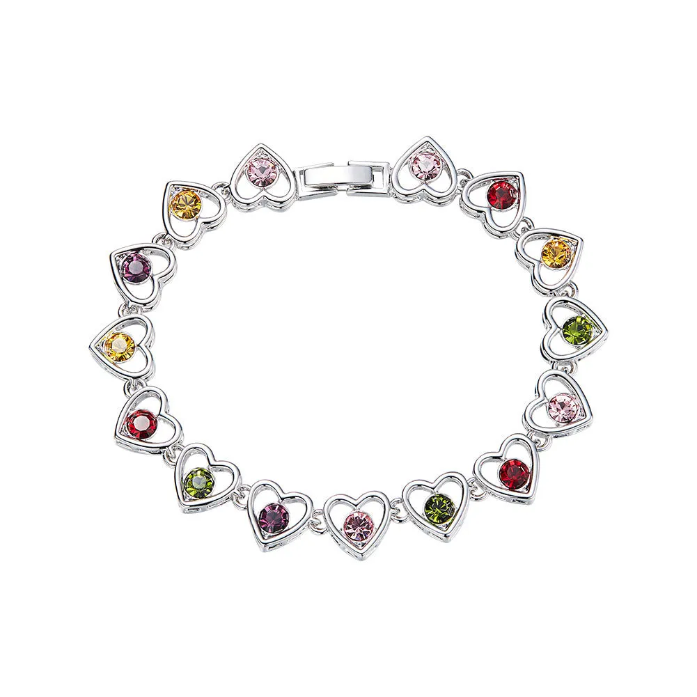 Sterling silver colorful aligned hearts bracelet