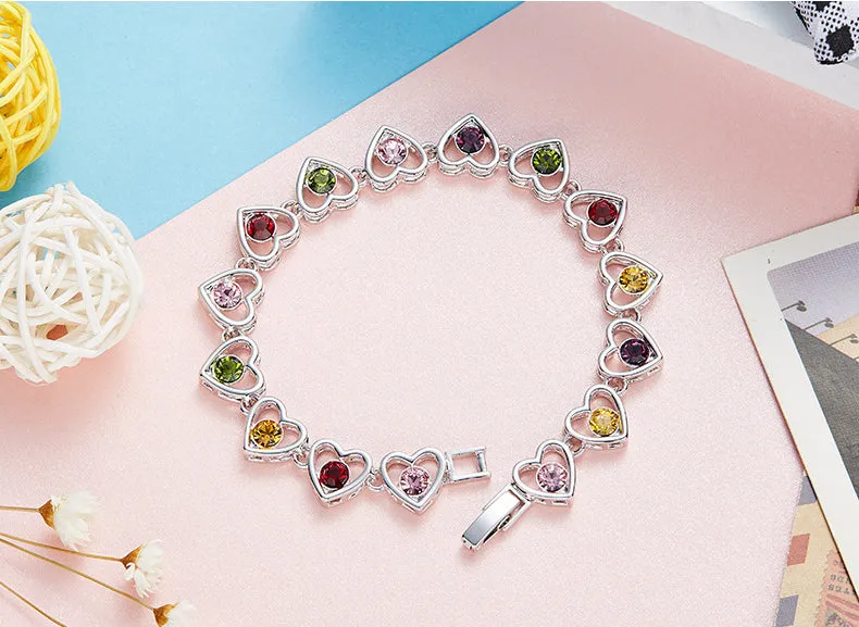 Sterling silver colorful aligned hearts bracelet