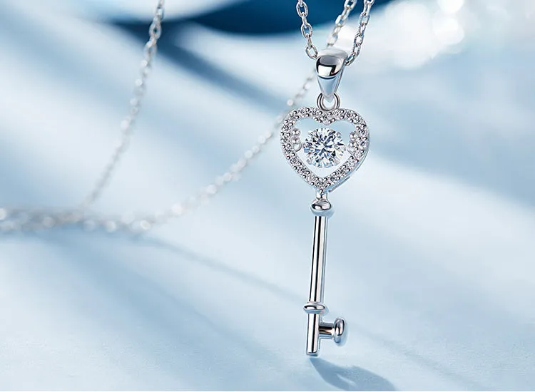 Sterling silver key to the heart dancing crystal necklace