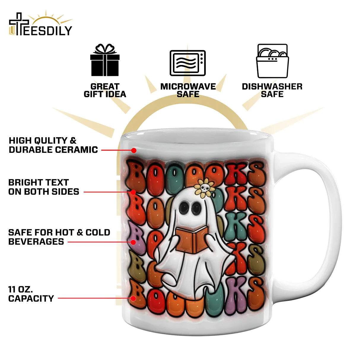 Teesdily | Cute Ghost Reading Books 3d Inflated Mug, Ghost Book Lovers 3d Mug, Happy Halloween Gifts, Halloween Home Decoration, Ghost And Books Gifts