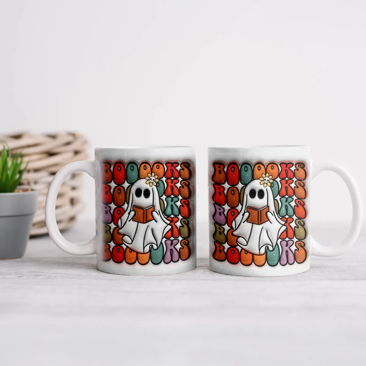 Teesdily | Cute Ghost Reading Books 3d Inflated Mug, Ghost Book Lovers 3d Mug, Happy Halloween Gifts, Halloween Home Decoration, Ghost And Books Gifts