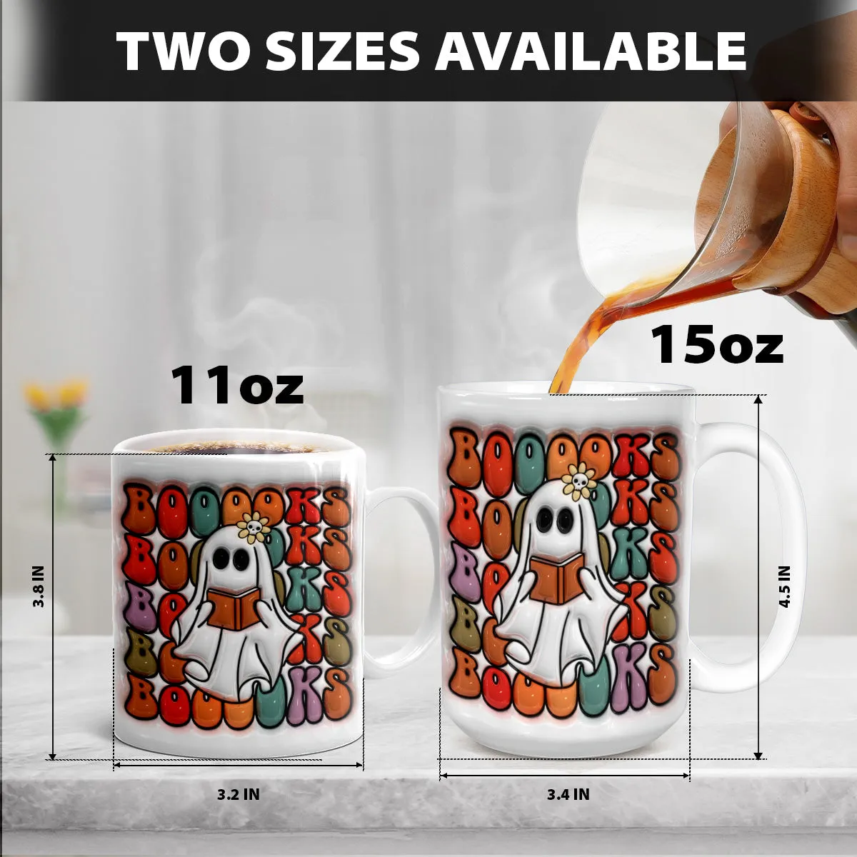 Teesdily | Cute Ghost Reading Books 3d Inflated Mug, Ghost Book Lovers 3d Mug, Happy Halloween Gifts, Halloween Home Decoration, Ghost And Books Gifts