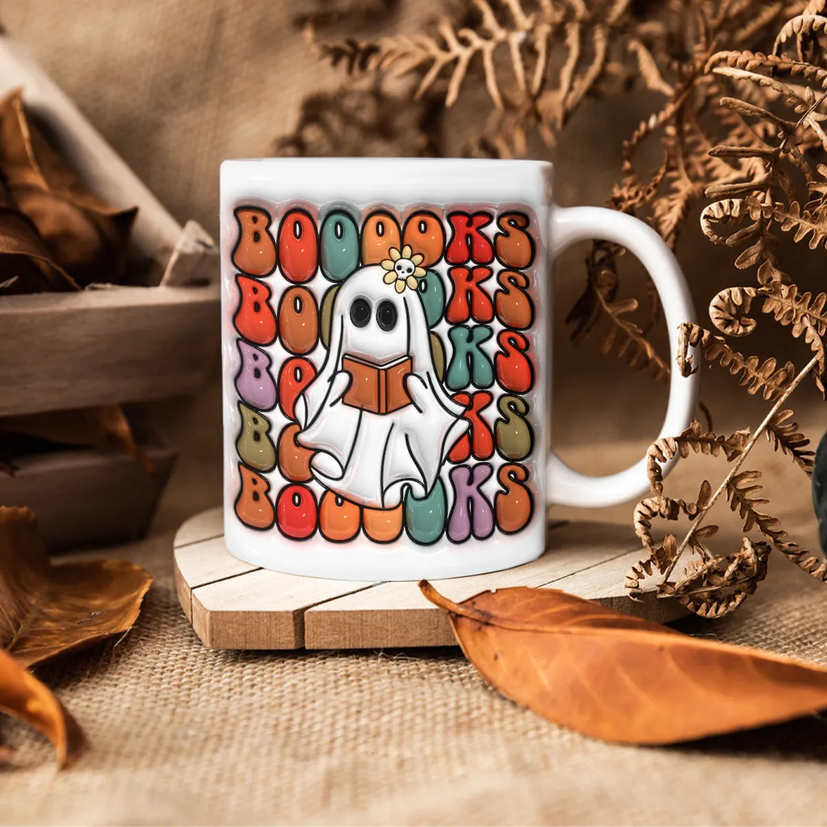 Teesdily | Cute Ghost Reading Books 3d Inflated Mug, Ghost Book Lovers 3d Mug, Happy Halloween Gifts, Halloween Home Decoration, Ghost And Books Gifts