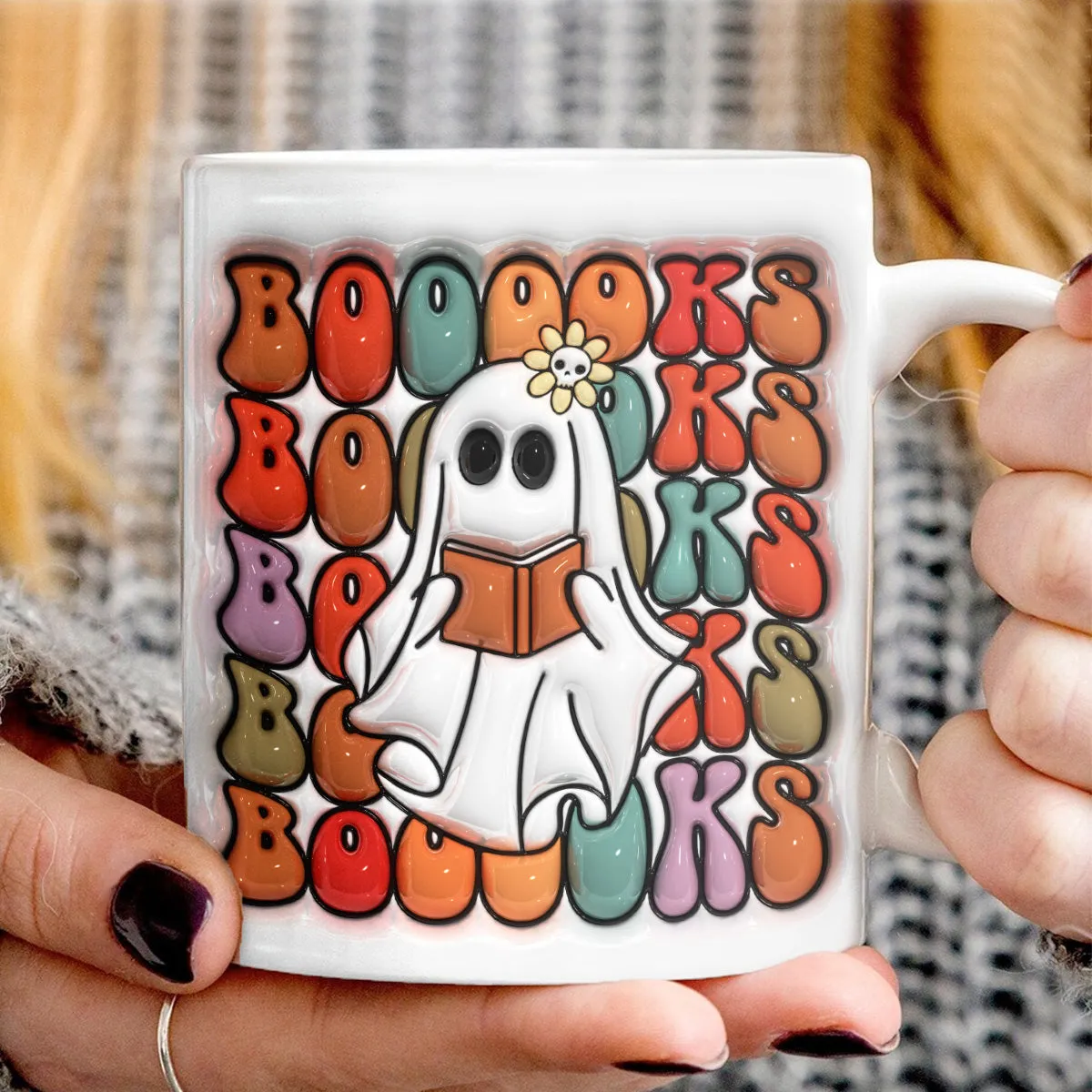 Teesdily | Cute Ghost Reading Books 3d Inflated Mug, Ghost Book Lovers 3d Mug, Happy Halloween Gifts, Halloween Home Decoration, Ghost And Books Gifts