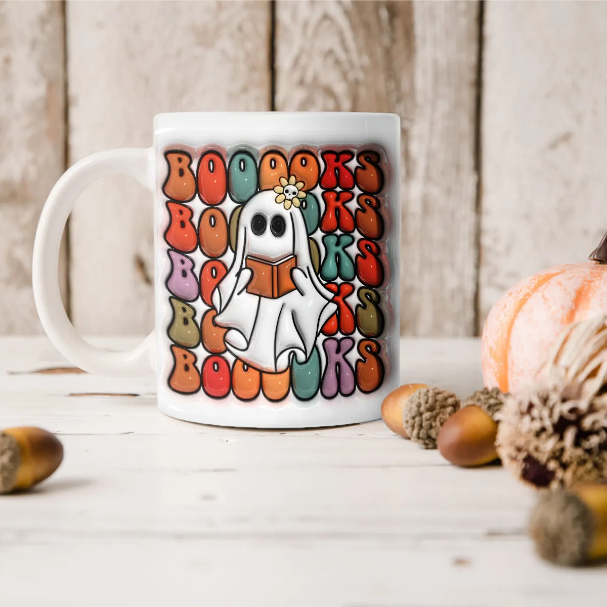 Teesdily | Cute Ghost Reading Books 3d Inflated Mug, Ghost Book Lovers 3d Mug, Happy Halloween Gifts, Halloween Home Decoration, Ghost And Books Gifts