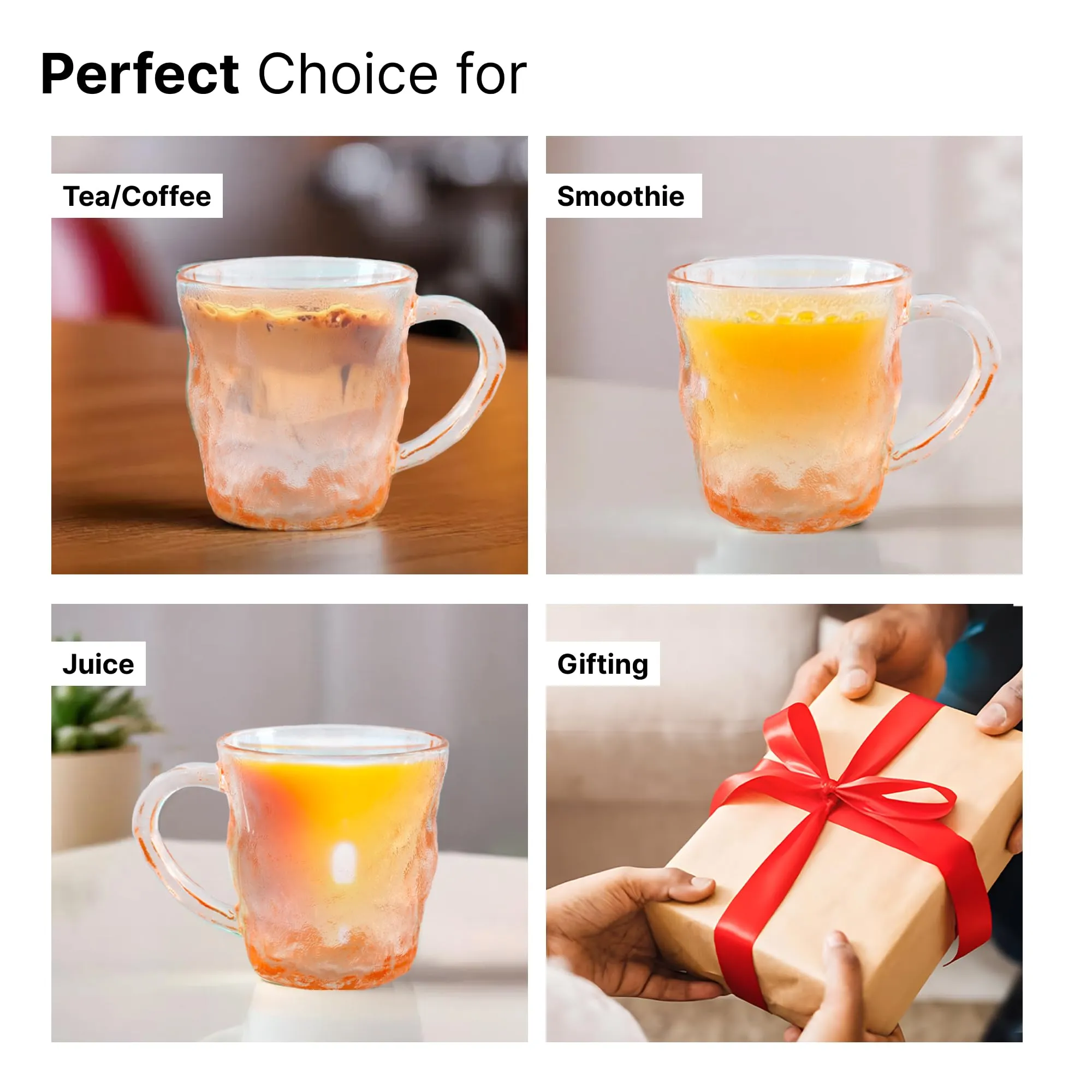 The Better Home Zest Glass Tea Cup Set of 6 (280ml Each) Lead Free Coffee Cup Set | Scratch-Resistance Microwave Safe Tea Cup Set |House Warming Gifts for New Home | Return Gifts for Women-Amber