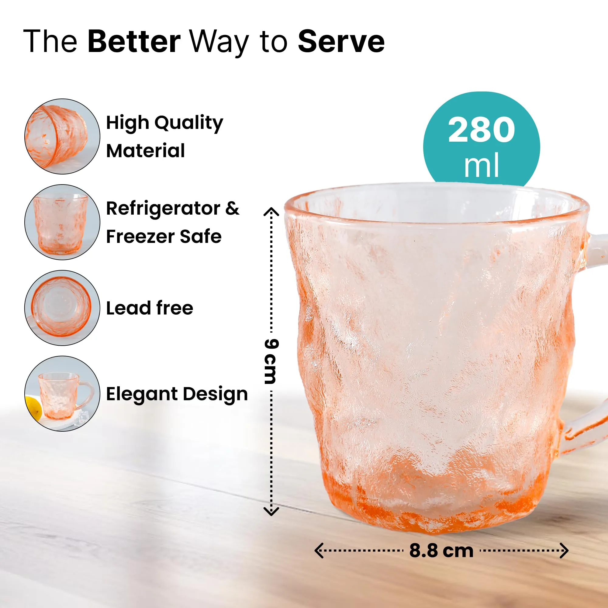 The Better Home Zest Glass Tea Cup Set of 6 (280ml Each) Lead Free Coffee Cup Set | Scratch-Resistance Microwave Safe Tea Cup Set |House Warming Gifts for New Home | Return Gifts for Women-Amber